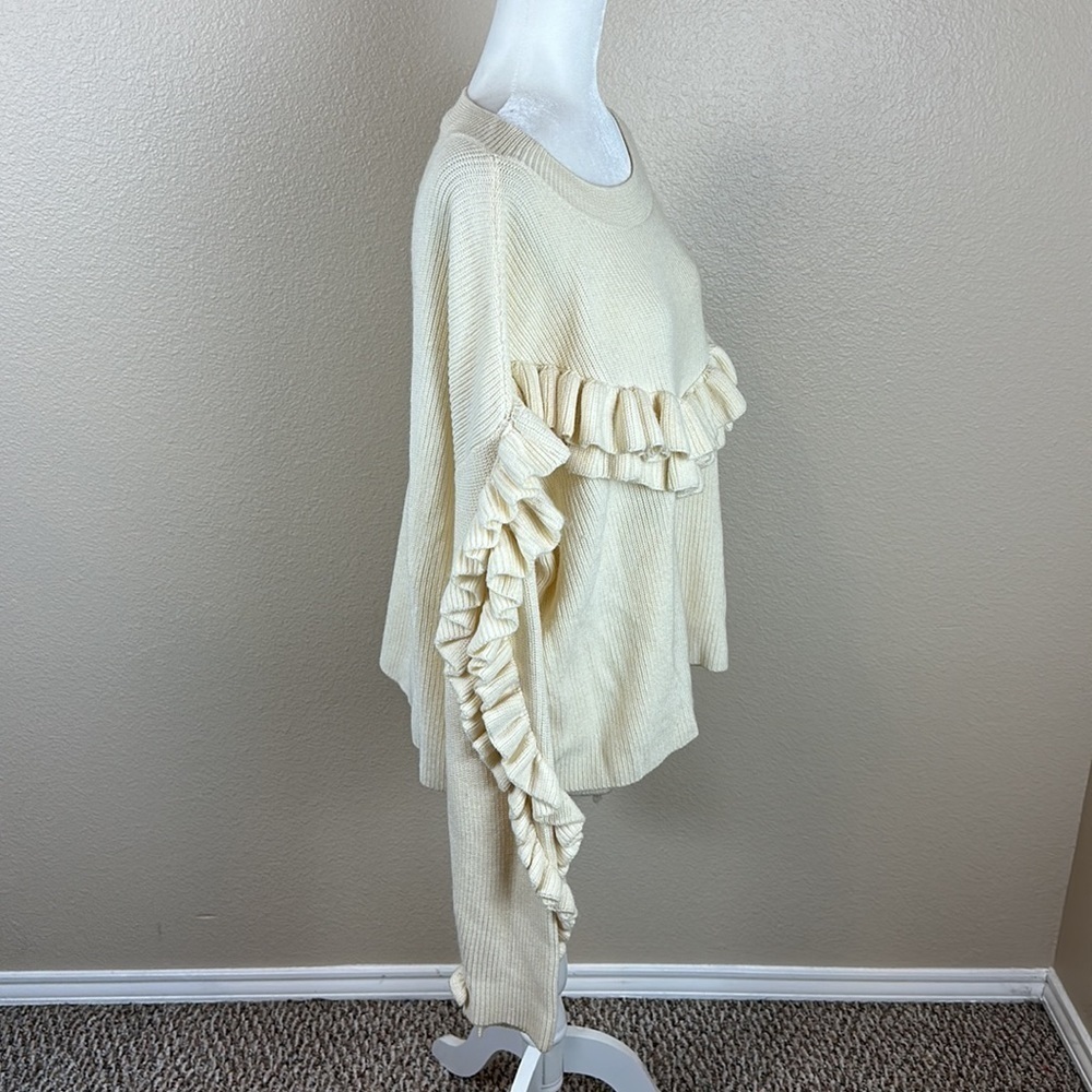 FRAME Ruffle Dolman Yoke Bateau Neck Off Merino Wool Blend White Sweater - Picture 6 of 9